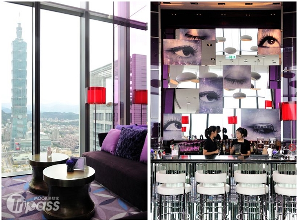 位於最頂樓的紫艷酒吧，視野開闊，吧台的「眨眨眼」裝置藝術也很吸睛！（攝影／景點家Tao）