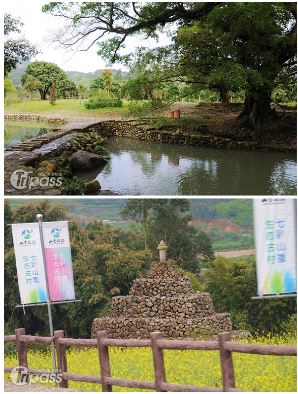 圖上為小橋、流水組成的景點水雲澗，圖下為宋代保存至今的石佛塔。（攝影／景點家李欣怡）