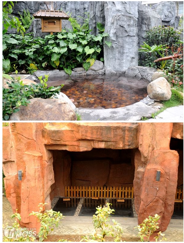 上圖：露天溫泉公園裡，每個泉池都有不同功能，這池紅酒泉很受女性歡迎。下圖：用火山岩搭建而成的炕，提供遊客休息躺臥之處。（攝影／景點家李欣怡）
