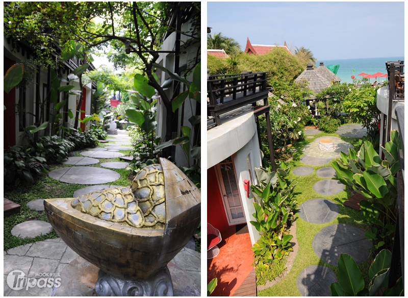 穿過花園盡頭就是熱鬧的查汶海灘。（攝影／景點家李欣怡）