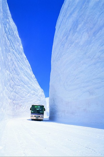 超壯觀的雪壁，巴士行駛其中看起來極為嬌小。（圖片來源／日本立山黑部阿爾卑斯山脈路線官網）