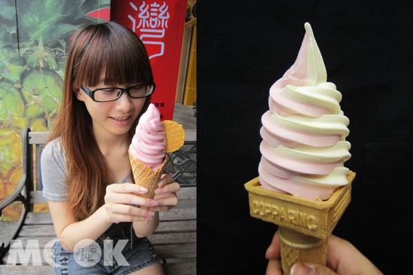 土鳳梨與洛神綜合的鳳神霜淇淋，口味特殊，顏色漂亮。(圖片提供／鳳梨灣)