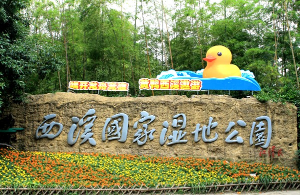 杭州西溪濕地國家公園入口處也有黃色小鴨的標示。(圖片來源／西溪濕地公園)