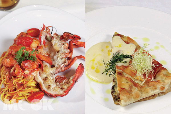 （左）招牌全隻活龍蝦手工細麵Tagliolini with Fresh Boston lobster（右）傳統蔬菜餅Traditional crispy vegetable pastry with Tuscan pecorino06。(圖片提供／TRAVELER Luxe旅人誌)