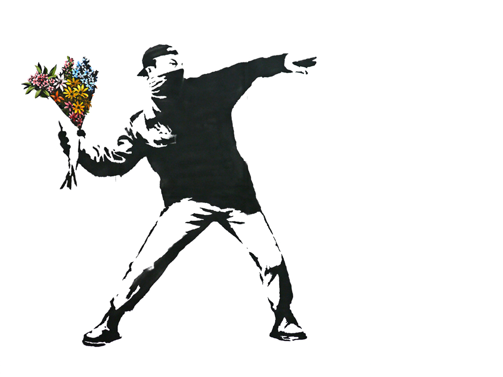 Banksy最知名的作品Love is in the air，過去曾以25萬美金售出。(圖片來源／Banksy）