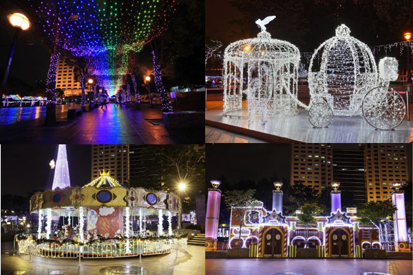 五光十色的繽紛燈飾將板橋裝扮的相當浪漫，現場也設有許多遊樂設施供小朋友玩樂。(圖片來源／新北歡樂耶誕城）