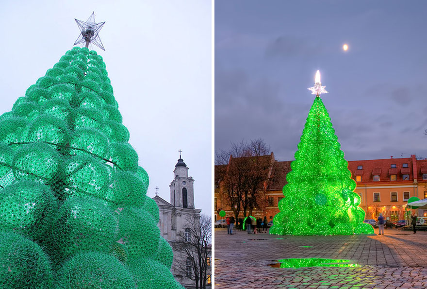 2012年使用了3萬多個寶特瓶設計聖誕樹。(圖片來源／downgraf）