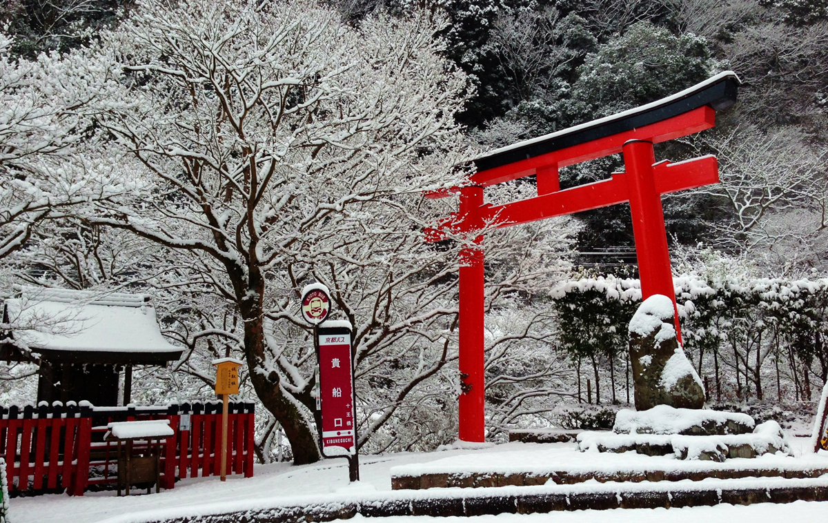 巨大的紅色鳥居，在雪白的世界裡看來格外醒目。(圖片來源／kifunejinja）