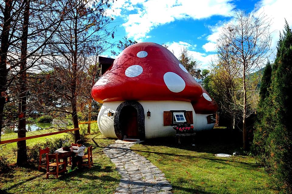 紅色蘑菇屋，在藍天白雲下看起來特別亮眼可愛。(圖片來源／花見幸福莊園-花蓮民宿)