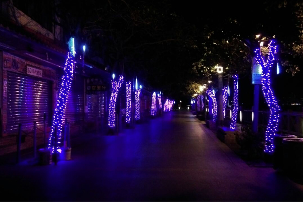 八里街道上點點燈火襯出夜晚的美麗浪漫。(圖片來源／新北市高灘處）