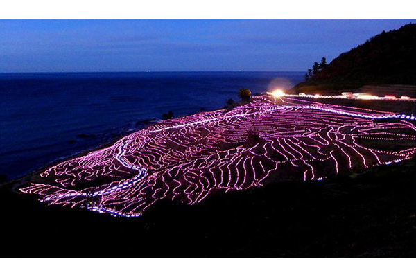 輪島市臨海梯田，每年都會舉辦彩燈活動「畔之光」。（圖片來源／senmaida.wajima-kankou）