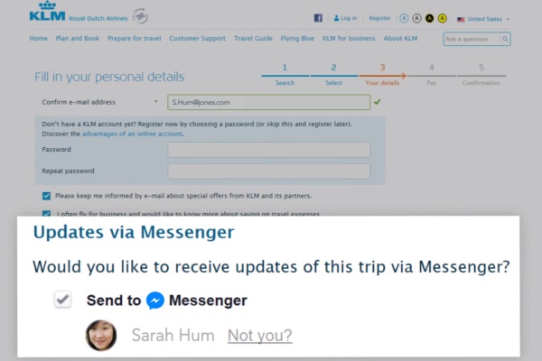 線上訂票時按下確認接收來自KLM的Messenger，就可以使用這項創新服務。（圖片來源／荷蘭皇家航空公司KLM）