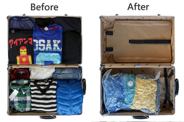 配合專用收納袋可以把袋內空氣抽出，讓衣物之類的軟性物品體積縮小50%。（圖片來源／VAGO）