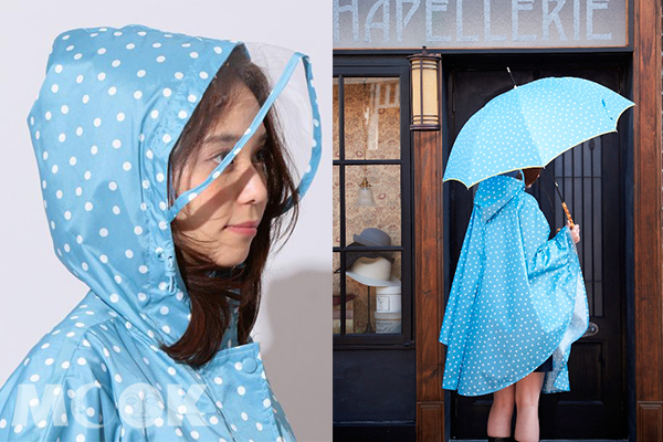 斗篷式雨衣帽子設既讓雨水不易淋到臉部，帽緣的透明設計能維持視角的廣度。（圖片提供／Afternoon Tea）