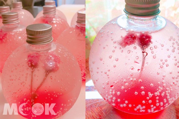 粉紅色櫻花氣泡飲「櫻花炸彈」造型獨特。(圖片提供／Hawaii Grill 夏威夷廚房)