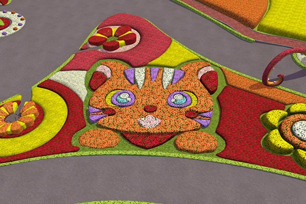 大型的石虎造型花毯，艷麗生動、栩栩如生，也是花毯節不容錯過的主題設計。（圖片來源／台中國際花毯節）