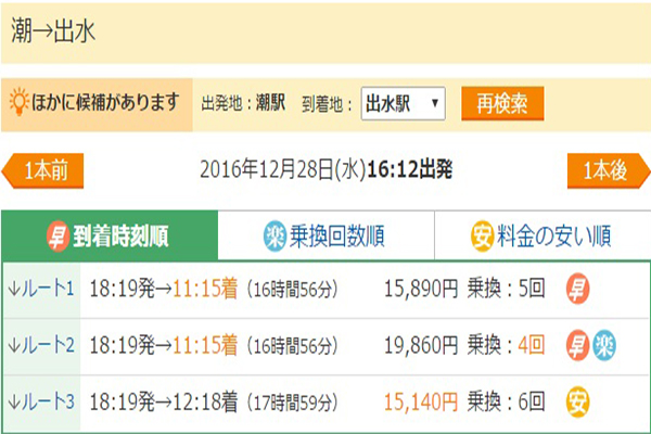 網友上網查詢從潮車站到出水車站的價位 (圖片來源／Yahoo Japan)