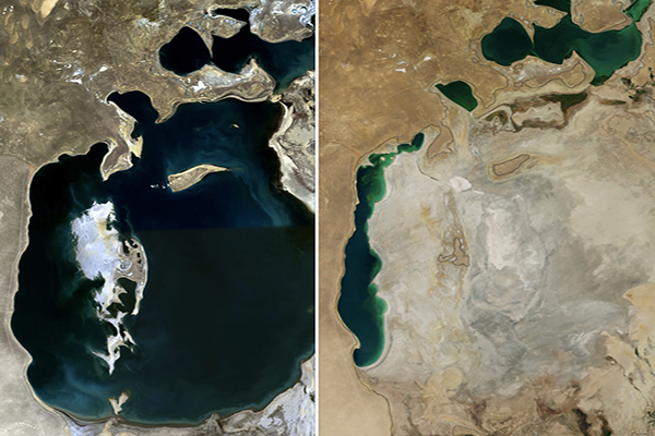 鹹海比較圖，左為1989年，右為2014年 (圖片來源／Wikipedia)
