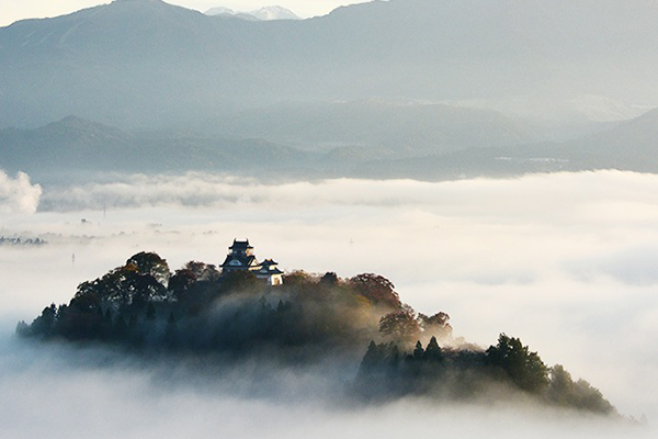 位在福井縣的大野城標高249公尺，佇立在山丘之上，晨間看時會看到雲霧環繞之景象，好似浮在半空的天空之城 (圖片來源／越前大野城)