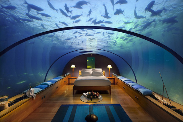 住在海底飯店可以與魚群共枕眠，環繞的海景也是前所未有的視野挑戰 (圖片來源／Conrad Maldives Rangali Island)