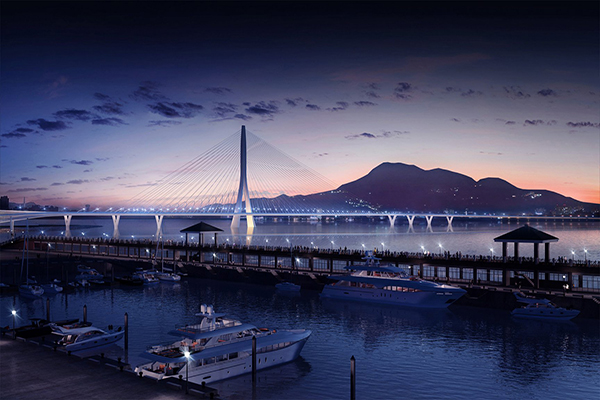 橫跨淡水河口、仍在興建中的淡江大橋 (圖片來源／Zaha Hadid Architects、Visual Arch)