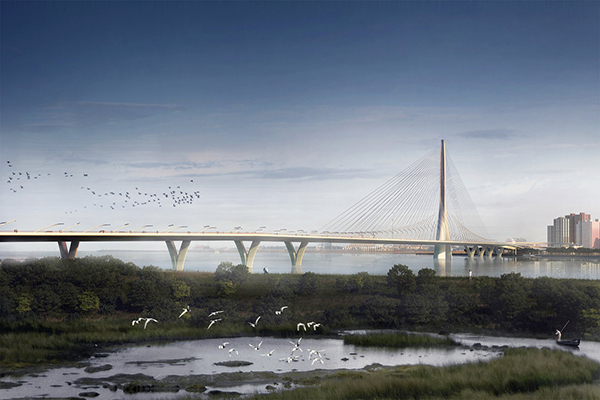 淡江大橋於2014年開始第一標動工，由伊拉克裔英國女性建築師札哈哈蒂(Zaha Hadid)操刀的設計案勝出 (圖片來源／Zaha Hadid Architects、Visual Arch)