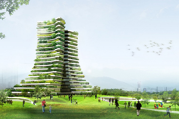 越南Green City Hall為雙塔的綠建築 (圖片來源／Vo Trong Nghia Architects)
