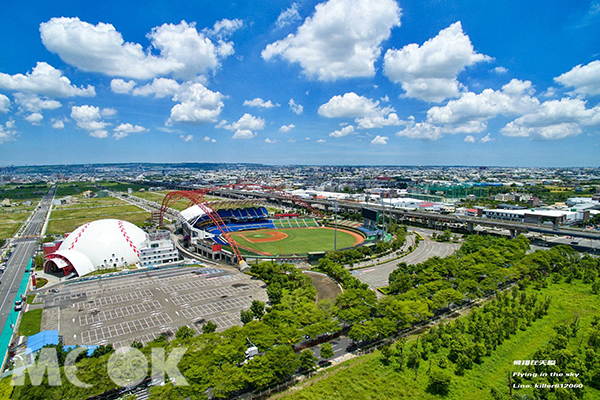 俯瞰迷你蛋多功能運動中心，可以看見一顆棒球造型的建築體
