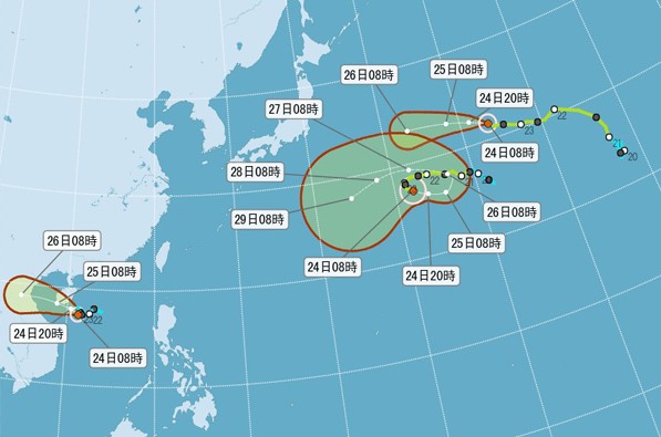 三個颱風成形，目前對台灣影響不大。(由左至右分別是8號、5號、6號)(圖／中央氣象局)