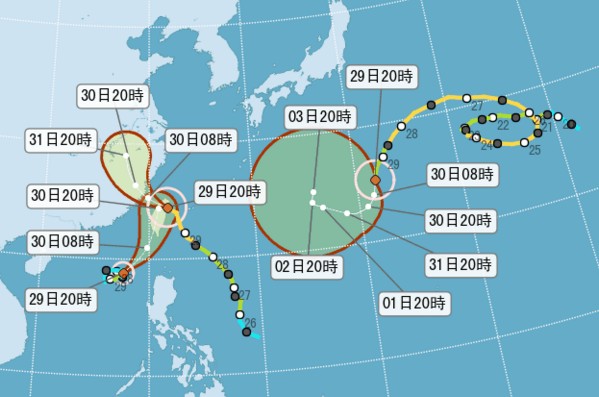 目前有三個颱風生成，尼莎與海棠影響台灣較大。(圖/中央氣象局)