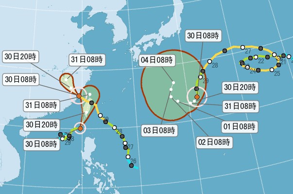 2017年07月30日8時三颱風潛勢圖。(圖/中央氣象局)