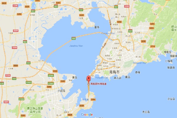 青島膠州灣隧道海底隧道位置示意圖（圖／GOOGLE MAP）