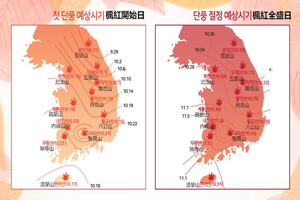 韓國天氣預報網站公布2017韓國楓紅預測時間表 (圖／Kweather、韓國觀光公社)