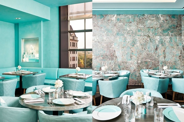 全球首間Tiffany咖啡館在紐約開幕，裝潢與居家配件迷人的讓人屏息，經典的藍綠色調也帶出品牌獨有的風格（圖／Tiffany）