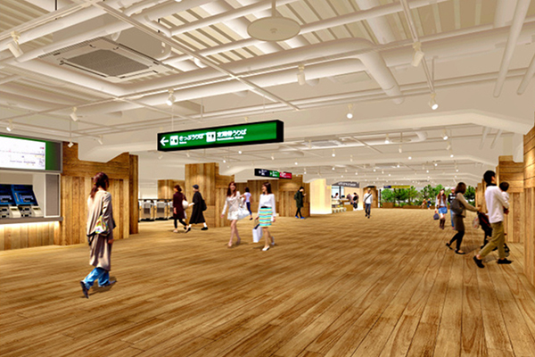 車站2樓的驗票口內外地面為木紋設計 (圖／京阪Holdings)