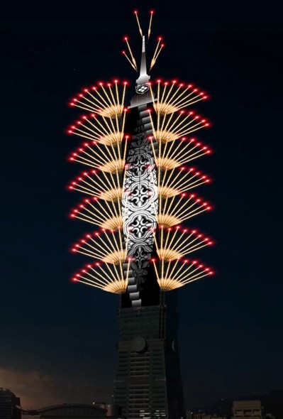 今年跨年煙火搭配台北101外牆巨幅LED燈網T-PAD 。(圖／台北101)