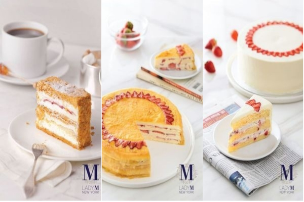 由左至右為法式草莓千層酥、草莓千層蛋糕、草莓海綿蛋糕 (圖／Lady M)