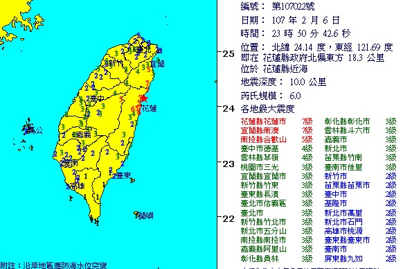 2月6日晚間23時50分發生芮氏規模6.0強震，氣象局將其列為主震。(圖／中央氣象局)