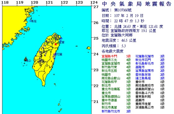2月19日大年初四晚間發生5.3有感地震。(圖／中央氣象局)