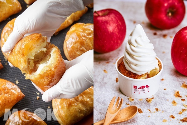 RAPL蘋果派霜淇淋台灣獨家快閃登場，每日限量30份，利用現烤的RAPL澎派令果再淋上北海道牛乳霜淇淋製成，多層次口感賦予味蕾不同的驚喜。（圖片提供／RAPL）