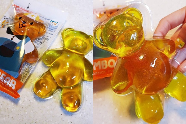 預估一顆「熊大王」JUMBO BEAR軟糖的大小約需50顆傳統小熊軟糖才能相疊而出（圖片來源／instiz）