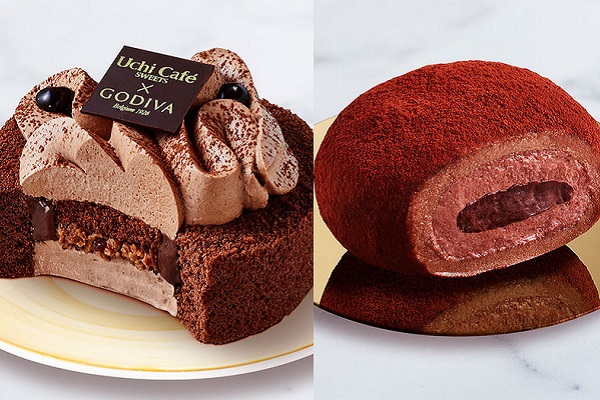 日本超商LAWSON為了紀念與巧克力大牌GODIVA合作一週年，特別推出兩款全新聯名甜點「巧克力蛋糕捲」和「生巧克力大福」。（圖／LAWSON）