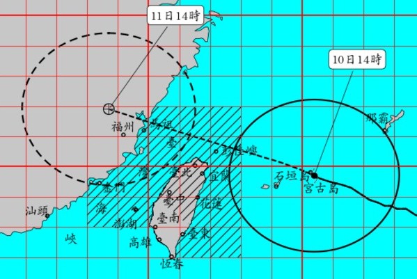 10日14時30分氣象局所發布的強颱瑪莉亞暴風圈動態。(圖／中央氣象局)