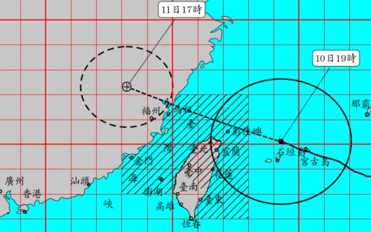 10日19時15分氣象局所發布的強颱瑪莉亞暴風圈動態。(圖／中央氣象局)