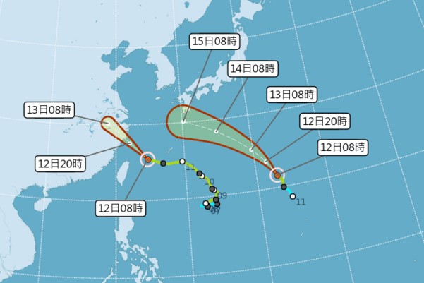 輕度颱風摩羯、麗琵預估路徑圖。(圖／中央氣象局)