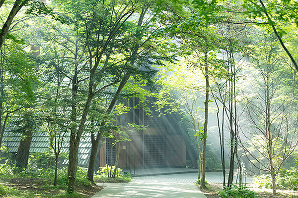 樸素的木造教堂，靜靜佇立在綠林裡，充滿溫暖氛圍，是情侶嚮往舉行婚禮的教堂之一。