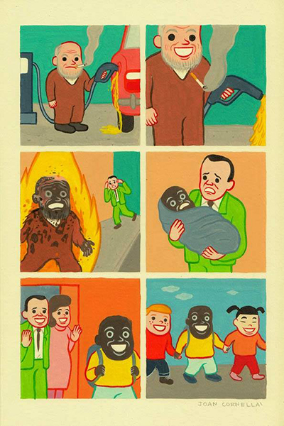 Joan Cornellà擅長呈現將禁忌題材，反諷宗教、種族、性別、暴力以及社群網站等各種社會現象。