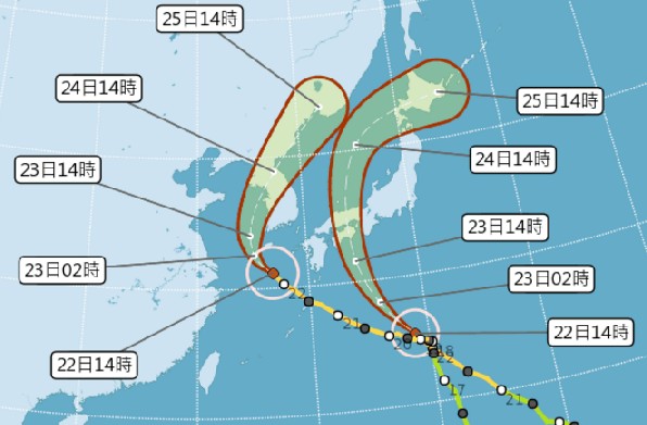 蘇力與西馬隆颱風走勢預測圖。