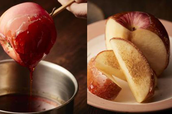 將融化的糖與蘋果融合在一起，均衡整個蘋果糖的酸甜味道。