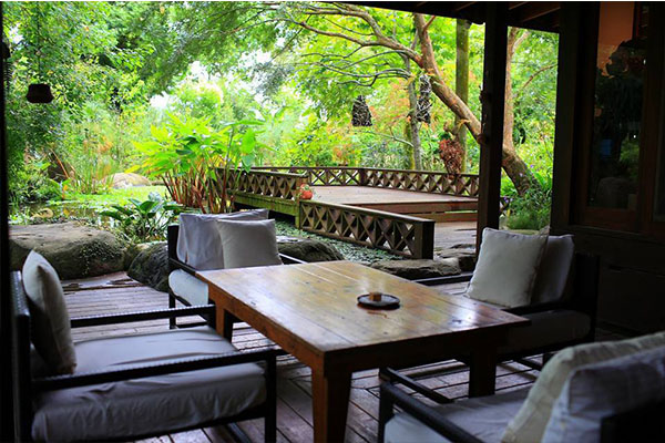 園區內不同味道的原木桌椅搭配不同的山林景緻，寧靜素雅。 (圖／花自在)